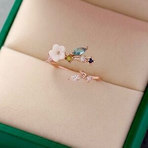 Korean Style Multicolor CZ Vine and Flower Adjustable Band Wrap Ring - Rose Gold